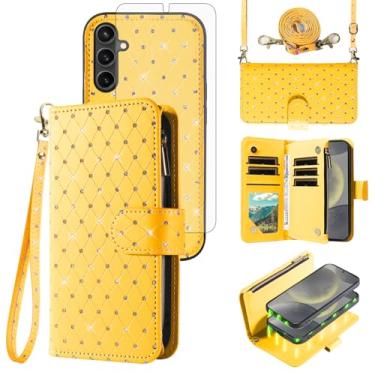 Imagem de Capa carteira compatível com Samsung Galaxy S24 5G com zíper removível para celular e protetor de tela transversal alça de cordão com glitter flip porta-cartão slot capa de telefone para S 24 24