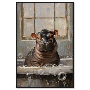 Imagem de Art Remedy Arte de banheiro selva para banheira hipopótamo bebê, moldura preta, 50,8 cm x 76,2 cm