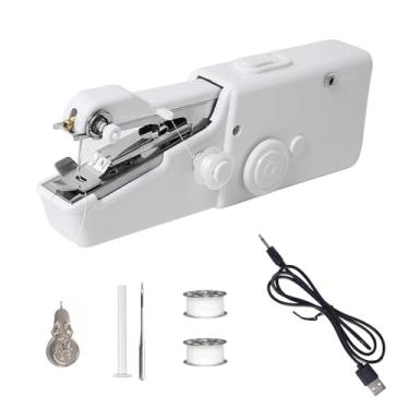 Imagem de Mini máquina de costura portátil, máquina de costura portátil com kits para adultos, com cabo USB sem bateria AA (branca)