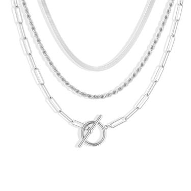 Imagem de Freekiss Colares femininos banhados a ouro 14K com corrente delicada, clipe de papel, corda cubana, ajustável, gargantilha com fecho em T, colar grosso para mulheres, joias modernas, 14, Prata Latão