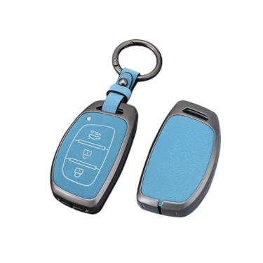 Imagem de Capa de couro para chave de carro em liga de zinco, suporte compatível com Hyundai Tucson Santa Fe Rena Sonata Elantra Creta Ix35 Ix45 I10 I30 I40(B-Style 1- Blue)