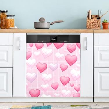 Imagem de ATTX Capa magnética de lava-louças coração rosa | Adesivo decorativo de eletrodomésticos de 58 x 66 cm para armários domésticos e eletrodomésticos #129