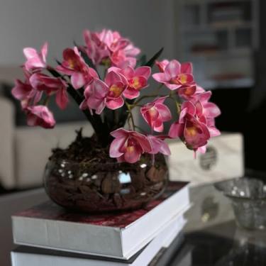 Imagem de Arranjo de Orquídea Artificial em Vaso de Vidro Decorativo para Sala, Lavabo e Escritório(Cymbidium Pink)