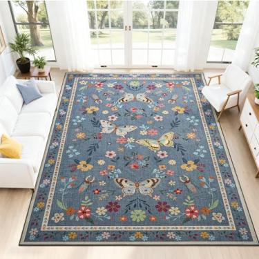 Imagem de FALARK Tapetes laváveis para sala de estar, tapete com estampa floral de borboleta, 10 x 15 cm, tapete antiderrapante para quarto, jantar, escritório, sala de jogos, decoração de casa, azul