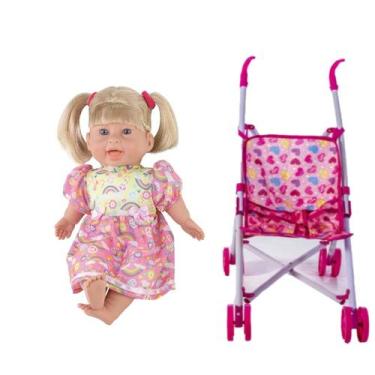 Imagem de Kit Boneca Faz Xixi de Verdade Fralda Mamadeira + Carrinho - MILK Brin