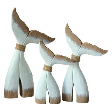 Imagem de Bothyi Conjunto de 3 Estatuetas de Cauda de Baleia em Madeira para Decoração de Casa, Enfeite de Mesa, Escultura de Animal para Centro de Mesa Interno, Marrom Branco