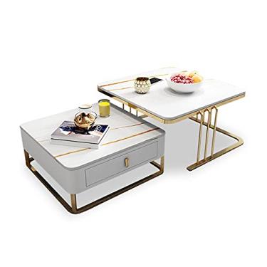 Imagem de Conjunto de mesa de centro quadrada com detalhes modernos com gaveta de armazenamento, tampo de óculos de mármore falso e moldura de metal para sala de estar, escritório, varanda B 6070 cm (B 60 x 80