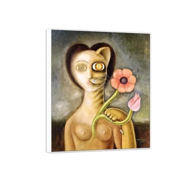 Imagem de Victor Brauner Famosa Arte de Parede Impressão em Tela Pintura Pronto para Pendurar - Mulher em Gato - Imagem em Moldura Branca para Decoração de Sala de Estar 30 x 35 cm 12 x 13 pol