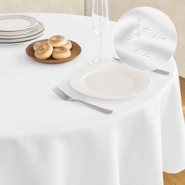 Imagem de Veblandy Toalha de mesa de linho texturizada à prova d'água e resistente a manchas, tecido decorativo sem rugas, capa de mesa para jantar/festa/buffet/casamento, 152 x 152 cm, branca