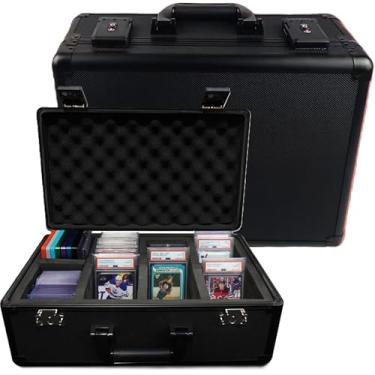 Imagem de Caixa premium com 140 cartões, caixa de armazenamento de cartão de fibra de carbono, trava TSA, compartimento de rastreador GPS, serve para placas e toploaders PSA/BGS/CSG, 4 fileiras, 4 divisórias