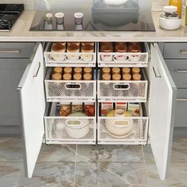 Imagem de Organizador de armário removível L 24 cm x P 40 cm x A 21 cm cesta deslizante de aço sem broca com trilhos adesivos para cozinha, armário, armazenamento de despensa