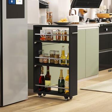 Imagem de Carrinho de armazenamento fino, prateleira de armazenamento independente de metal de madeira, prateleira móvel deslizante, para sala de estar, escritório em casa, quarto, varanda (cor de madeira, 25 x