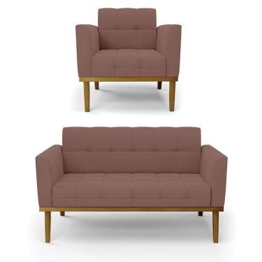 Imagem de Sofá Namoradeira E Poltrona Base De Madeira Castanho Elisa Veludo D03 - D'rossi Cor Rose