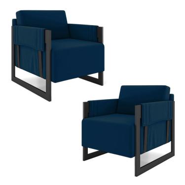 Imagem de Kit 2 Poltronas Decorativa Sala De Estar Moria Base Em Ferro Veludo Preto/azul G33 - Gran Belo