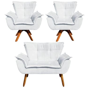 Imagem de Kit 01 Namoradeira 02 Poltronas Giratória Opala Base Madeira