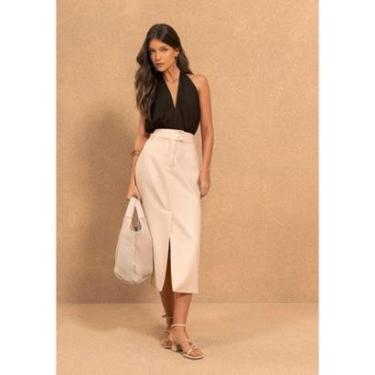 Imagem de Saia Midi De Cintura Alta Com Fenda E Abotoamento Duplo-Feminino