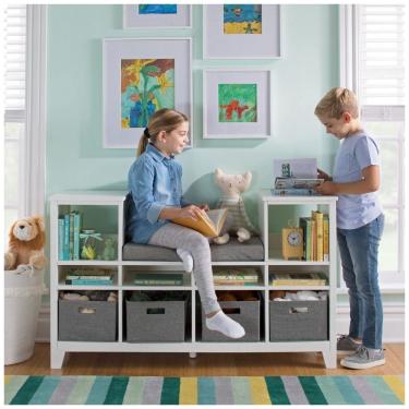 Imagem de Cantinho de Leitura Infantil Martha Stewart Branco Linho Madeira Almofadado 6 Prateleir...