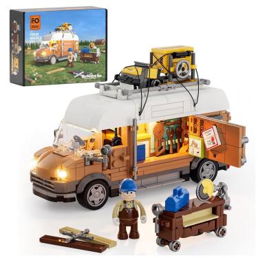 Imagem de Conjunto de Blocos de Montar FUNWHOLE Caminhão Marcenaria LED, 496 Peças, Ferramentas Madeira Realistas, Portas Abertas, Modelo F9030,