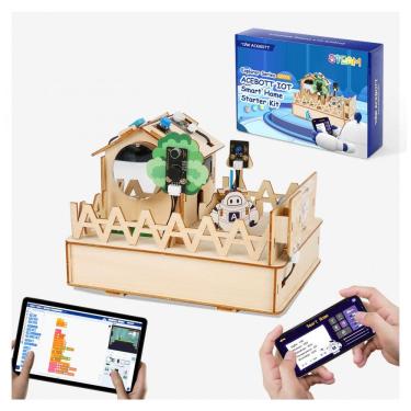 Imagem de Kit STEM IoT Smart Home ACEBOTT para adolescentes com casa em madeira, sensores, controle por app e compatibilidade com Arduino e Scratch