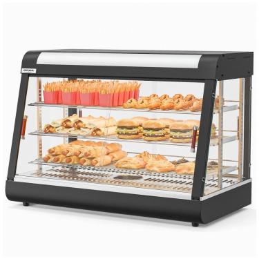 Imagem de Expositor Aquecedor de Alimentos ROVSUN Preto 3 Níveis 89 cm com Prateleiras Ajustáveis Removíveis LED e Portas de Vidro, 110V.