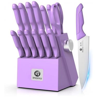 Imagem de Conjunto de Facas de Cozinha imarku 14 Peças Roxo com Afiador Integrado e Bloco em Madeira
