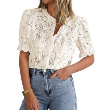 Imagem de Blusa feminina PRETTYGARDEN de renda de manga curta com botões