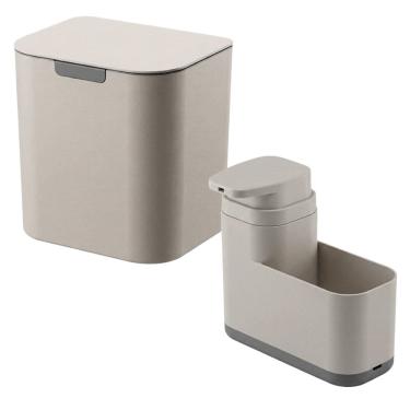 Imagem de Kit Pia Cozinha 2Pç Lixeira 5 Litros + Dispenser Porta Esponja Detergente 550ml Bege - Liv Ou