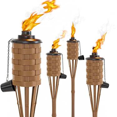 Imagem de ONETHATCH Tochas de citronela (cor marrom, 4 unidades); tocha de bambu, perfeita para iluminação externa, luau, festas de verão e decoração de jardim; lata de metal de boca larga, tem 152 cm de altura.