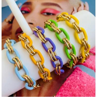 Imagem de Pulseiras coloridas pintada com detalhes em elos duplo banhado ouro e 