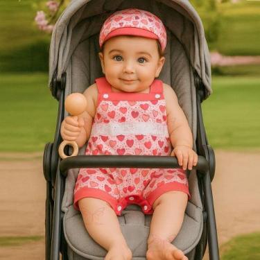 Imagem de Conjunto Macacão + Boné Bebê Menina Jardineira Fofa Estampada Curto Ca