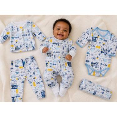 Imagem de Kit Maternidade 5 Peças Bebê: Body, Macacão e Manta Premium Cor:Ônibus