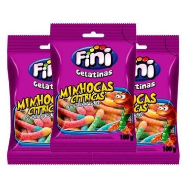 Imagem de Balas de Gelatina Fini Minhocas Cítricas Sortidas 100g  Kit com três u