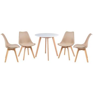 Imagem de Loft7, KIT - Mesa redonda Leda 70 cm branco + 4 cadeiras estofadas Leda nude