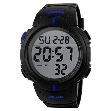 Imagem de Relógio esportivo digital masculino com tela de LED, mostrador grande, militar, à prova d'água, casual, luminoso, cronômetro, alarme, relógio militar simples (azul), Militar