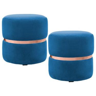 Imagem de Kit 2 Puffs Decorativos Com Cinto Rosê Round B-170 Veludo Azul - Domi