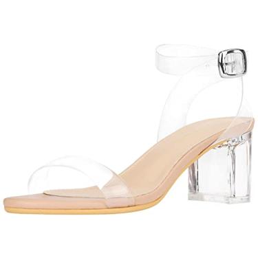 Imagem de Heels Charm Sandálias femininas de salto baixo com tiras transparentes, grossas, transparentes, salto baixo, bico aberto, tira no tornozelo, salto alto, sandálias sociais para uso diário, trabalho,