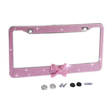 Imagem de Moldura rosa à prova d'água com design de gravata borboleta rosa com cristal brilhante moldura de placa de licença luxo strass premium aço inoxidável carro/caminhão/SUV suporte de placa de licença para mulheres (1 moldura)