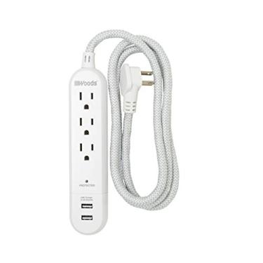Imagem de Woods 41025 250 Joules Protection 3-Outlet 250J Protetor contra sobretensão com cabo de tecido trançado de 10 m 2,4 A carregador USB-A branco (2)