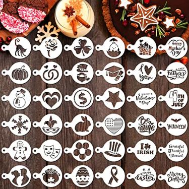 Imagem de Conjunto de estênceis de cookies sazonais de 36 peças estênceis de bolo de sobremesa estênceis de assar reutilizáveis DIY modelos de desenho de café para decoração de cupcakes ferramentas de pintura de assar para feriados Dia dos Namorados