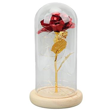 Imagem de Rosa em cúpula de vidro, para mulheres presentes de rosa de natal, Flor artificial vermelha rosa presente com luz LED Presentes exclusivos para(Folha de ouro rosa vermelha)