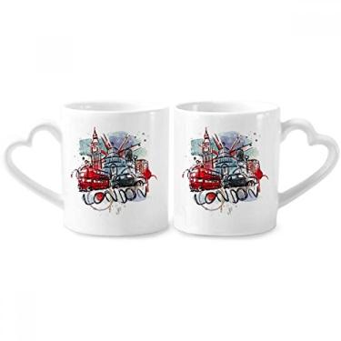 Imagem de Ônibus de Londres Big Ben Reino Unido Marco Aquarela Casal Conjunto de canecas de porcelana Cerâmica Copo Amante Punho Coração