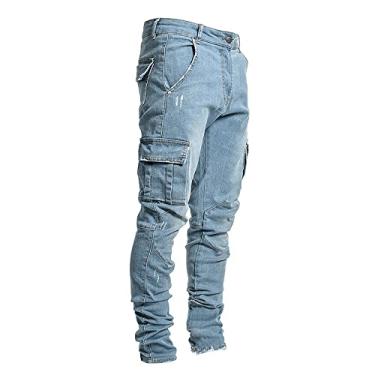 Imagem de Jueshanzj Jeans masculino calça jeans justa com bolsos laterais, Azul, M