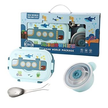 Imagem de PL TREASURE HOME Lancheiras Bento Box para crianças e adultos | Recipiente para lanche infantil de aço inoxidável à prova de vazamento Bentobox escolar com 3 compartimentos para meninos e meninas e mulheres almoços sem BPA Kit azul