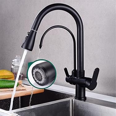 Imagem de Torneira Mixer de Cozinha Pull Out Bico Giratório de 360 Graus Torneira Misturadora de Pia de Cozinha Alavanca Dupla, Torneiras de Latão Sólido com 3 Modos de Tomada de Água para Pia de Cozinha com Torneira Fria e Quente (Ouro Preto)