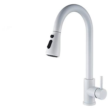 Imagem de Torneira de cozinha preta fosca Torneira misturadora dourada Retrátil Montada no convés Torneira da pia do banheiro Misturadores de água quente e fria Cabeça de pulverização, branco B