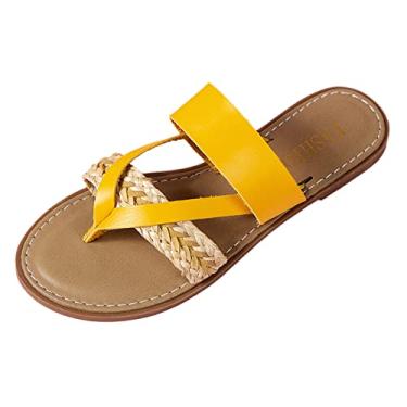 Imagem de Sandálias respiráveis de bico aberto para mulheres verão cor sólida slip on casual plana sola macia chinelos sapatos sandálias (amarelo, 6,5)