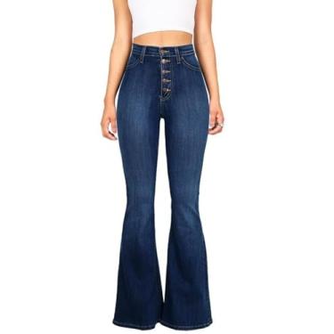 Imagem de Calças jeans calças jeans slim fit cintura alta e nádegas calças jeans flare, Azul escuro, P