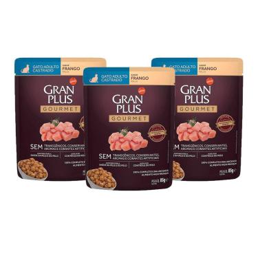 Imagem de KIT 3 Ração Úmida Gran Plus Gourmet Gatos Adultos Castrado Frango Sachê 85g