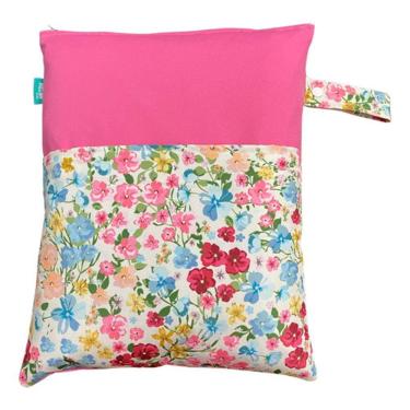 Imagem de Saco Impermeável Grande Organizador Fralda Roupa Suja Limpa - Flores Rosa - Tactel
