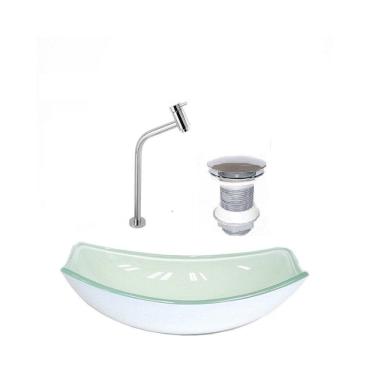Imagem de Kit Cuba de Vidro + Torneira para Lavatório Oval Chanfrada 36cm Branco